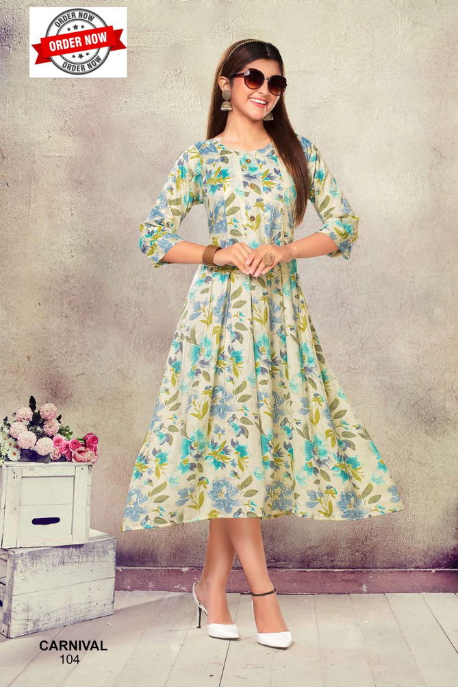 Carnival Vol 1 By Trendy Rayon Printed Anarkali Kurtis Wholesale Market In Surat
